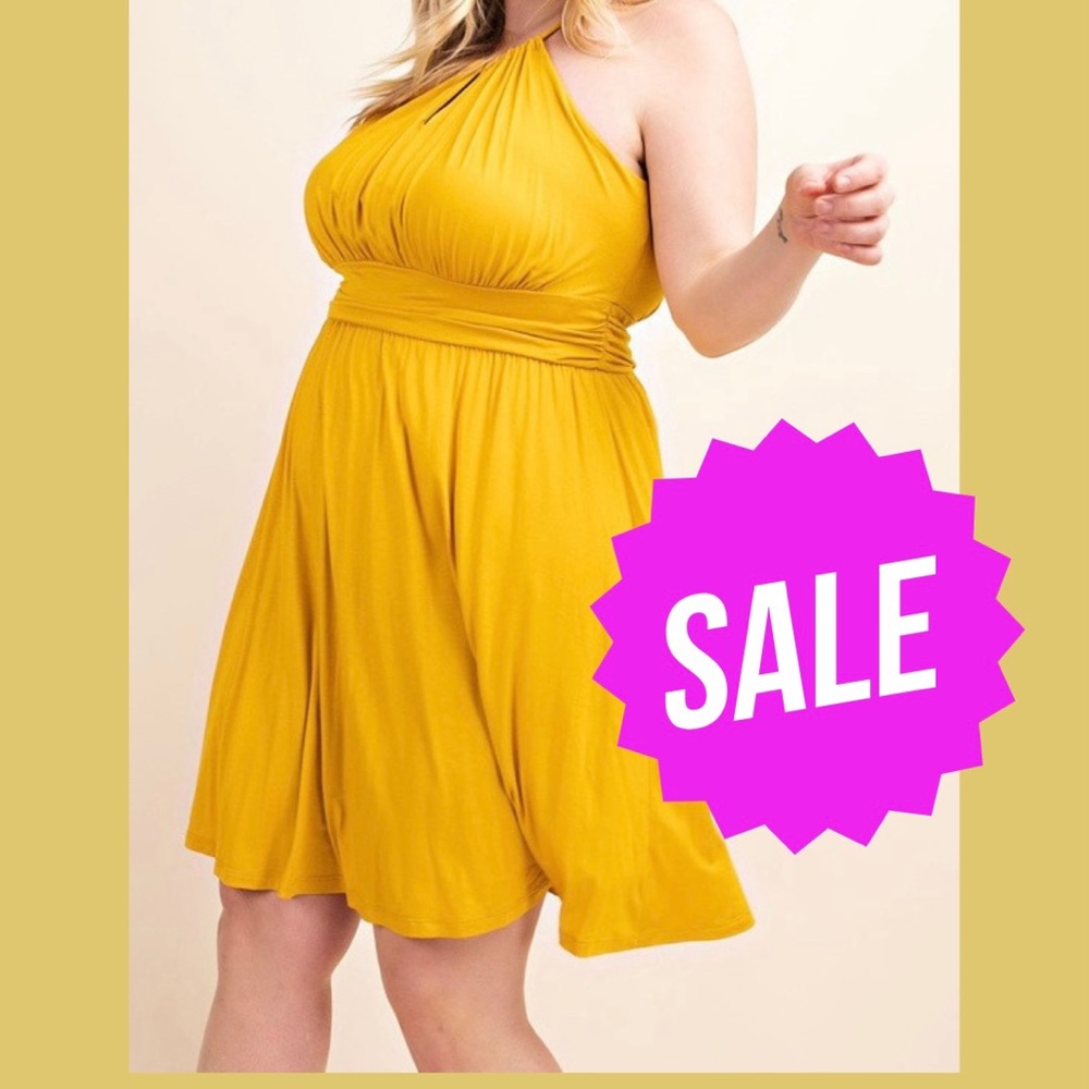 Plus Size Gilli Mustard Halter Dress with Bow Tie